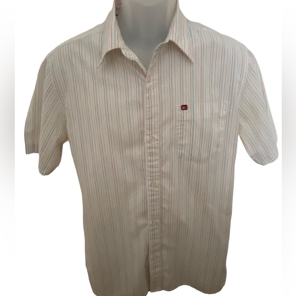 QUIKSILVER Blue & Orange Stripes Collared Short Sleeve Shirt Men L Large